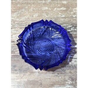 1920s Art Glass Blue Cobalt Bowl Ashtray Dish pressed Diamond Swirl Pattern